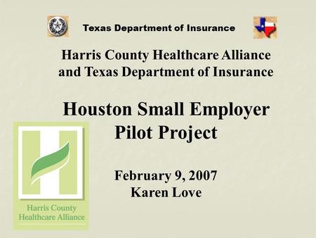 Harris County Healthcare Alliance and Texas Department of Insurance Houston Small Employer Pilot Project February 9, 2007 Karen Love Texas Department of.
