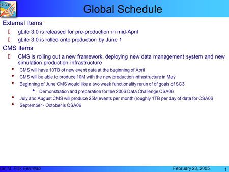 Ian M. Fisk Fermilab February 23, 2005 1 Global Schedule External Items ➨ gLite 3.0 is released for pre-production in mid-April ➨ gLite 3.0 is rolled onto.