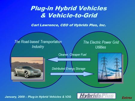 January, 2009 – Plug-in Hybrid Vehicles & V2G Eetrex Plug-in Hybrid Vehicles & Vehicle-to-Grid Carl Lawrence, CEO of Hybrids Plus, Inc. The Electric Power.