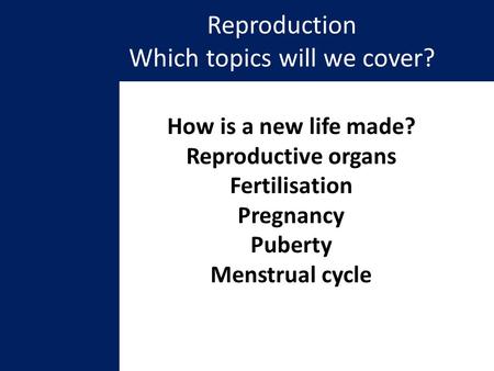 Reproduction Which topics will we cover? How is a new life made? Reproductive organs Fertilisation Pregnancy Puberty Menstrual cycle.