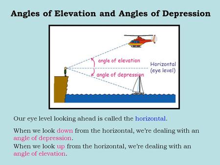 Our eye level looking ahead is called the horizontal. Angles of Elevation and Angles of Depression angle of elevation angle of depression Horizontal (eye.