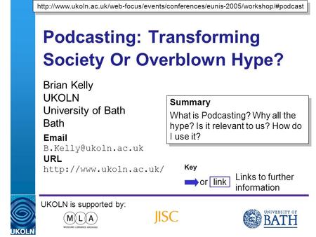 A centre of expertise in digital information managementwww.ukoln.ac.uk Podcasting: Transforming Society Or Overblown Hype? Brian Kelly UKOLN University.