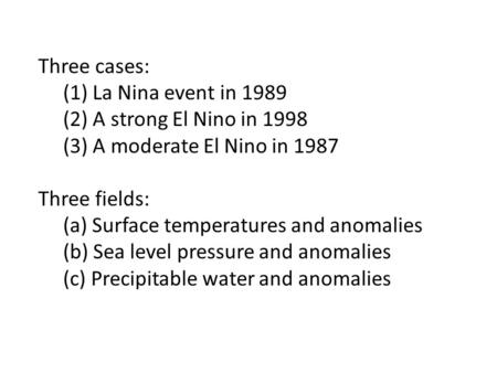 Three cases: (1) La Nina event in 1989 (2) A strong El Nino in 1998 (3) A moderate El Nino in 1987 Three fields: (a) Surface temperatures and anomalies.