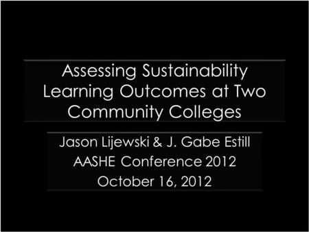 Assessing Sustainability Learning Outcomes at Two Community Colleges Jason Lijewski & J. Gabe Estill AASHE Conference 2012 October 16, 2012 Jason Lijewski.