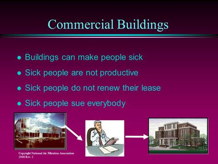 Copyright National Air Filtration Association 2006 Rev. 2 Commercial Buildings l Buildings can make people sick l Sick people are not productive l Sick.