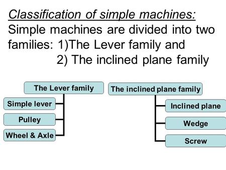 Classification of simple machines: Simple machines are divided into two families: 1)The Lever family and 2) The inclined plane family The Lever family.