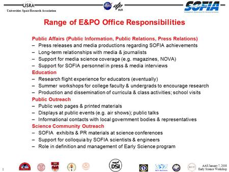1 Universities Space Research Association AAS January 7, 2008 Early Science Workshop Range of E&PO Office Responsibilities Public Affairs (Public Information,