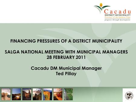 1 FINANCING PRESSURES OF A DISTRICT MUNICIPALITY SALGA NATIONAL MEETING WITH MUNICIPAL MANAGERS 28 FEBRUARY 2011 Cacadu DM Municipal Manager Ted Pillay.