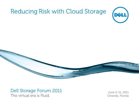 Reducing Risk with Cloud Storage. Dell Storage Forum 2011 Storage 2 Dells’ Definition of Cloud Demand driven scalability: up or down, just happens Metered: