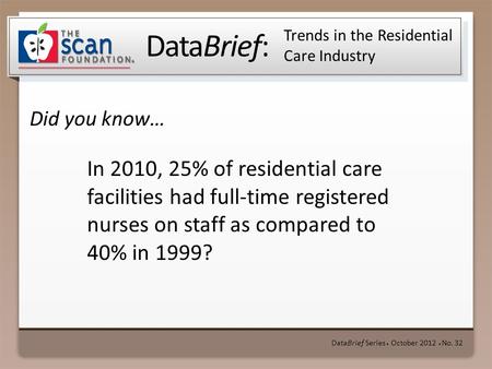 DataBrief: Did you know… DataBrief Series ● October 2012 ● No. 32 Trends in the Residential Care Industry In 2010, 25% of residential care facilities had.