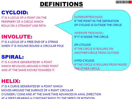 DEFINITIONS CYCLOID: INVOLUTE: SPIRAL: HELIX: