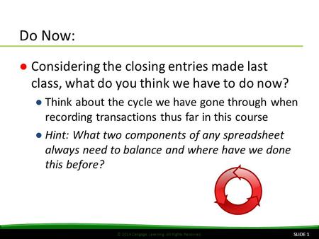 © 2014 Cengage Learning. All Rights Reserved. Do Now: ●Considering the closing entries made last class, what do you think we have to do now? ●Think about.