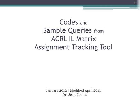 Codes and Sample Queries from ACRL IL Matrix Assignment Tracking Tool 1 January 2012 | Modified April 2013 Dr. Jean Collins.