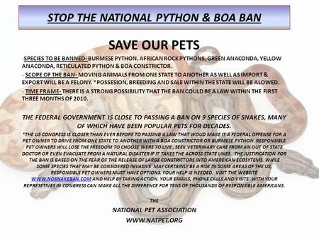 STOP THE NATIONAL PYTHON & BOA BAN