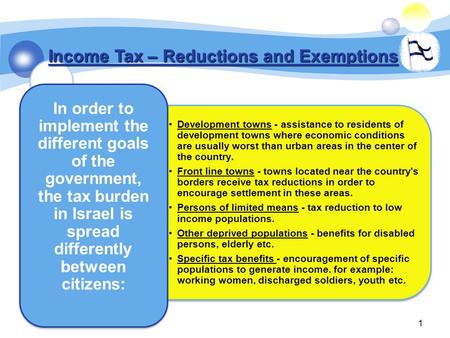 1 Income Tax – Reductions and Exemptions Development towns - assistance to residents of development towns where economic conditionsare usually worst than.