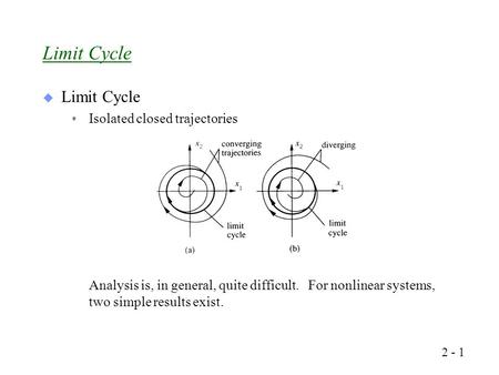  Limit Cycle Isolated closed trajectories Analysis is, in general, quite difficult. For nonlinear systems, two simple results exist. Limit Cycle 2 - 1.