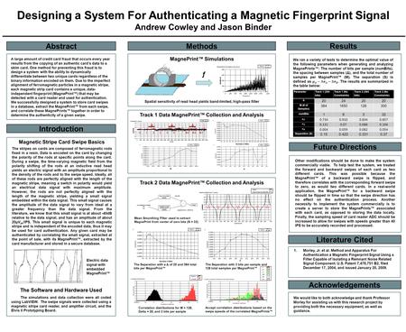 Designing a System For Authenticating a Magnetic Fingerprint Signal Andrew Cowley and Jason Binder Abstract Methods Introduction Results Future Directions.