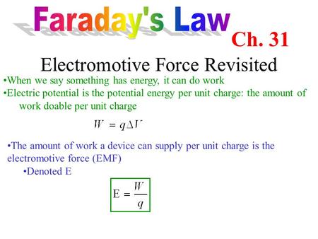 Electromotive Force Revisited When we say something has energy, it can do work Electric potential is the potential energy per unit charge: the amount of.