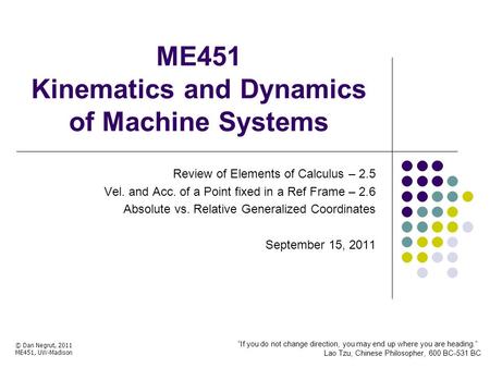 ME451 Kinematics and Dynamics of Machine Systems Review of Elements of Calculus – 2.5 Vel. and Acc. of a Point fixed in a Ref Frame – 2.6 Absolute vs.