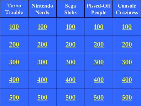 200 300 400 500 100 200 300 400 500 100 200 300 400 500 100 200 300 400 500 100 200 300 400 500 100 Turbo Trouble Nintendo Nerds Sega Slobs Pissed-Off.