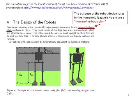 The purpose of the robot design rules in the humanoid league is to ensure a “human-like body plan”. The quotations refer to the latest version of the HL.