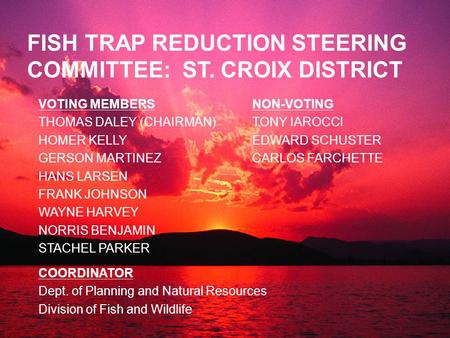 FISH TRAP REDUCTION STEERING COMMITTEE: ST. CROIX DISTRICT VOTING MEMBERS THOMAS DALEY (CHAIRMAN) HOMER KELLY GERSON MARTINEZ HANS LARSEN FRANK JOHNSON.