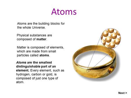 Atoms Atoms are the building blocks for the whole Universe.