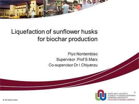 Liquefaction of sunflower husks for biochar production Piyo Nontembiso Supervisor :Prof S.Marx Co-supervisor Dr I.Chiyanzu.
