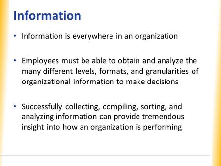 XP Information Information is everywhere in an organization Employees must be able to obtain and analyze the many different levels, formats, and granularities.