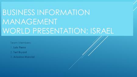 BUSINESS INFORMATION MANAGEMENT WORLD PRESENTATION: ISRAEL Team Members: 1. Luis Fierro 2. Teri Bryant 3. Ariadna Marcial.
