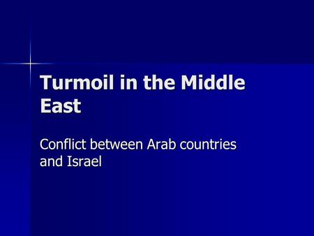 Turmoil in the Middle East Conflict between Arab countries and Israel.