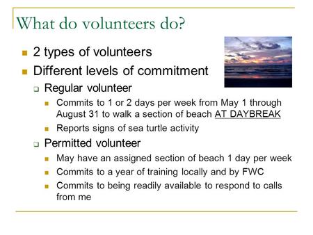 What do volunteers do? 2 types of volunteers Different levels of commitment  Regular volunteer Commits to 1 or 2 days per week from May 1 through August.