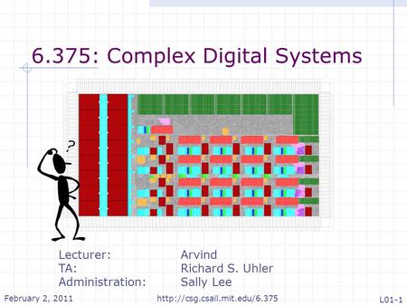 L01-1  6.375: Complex Digital Systems Lecturer: Arvind TA: Richard S. Uhler Administration: Sally Lee February 2, 2011.