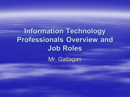 Information Technology Professionals Overview and Job Roles Mr. Gallagan.