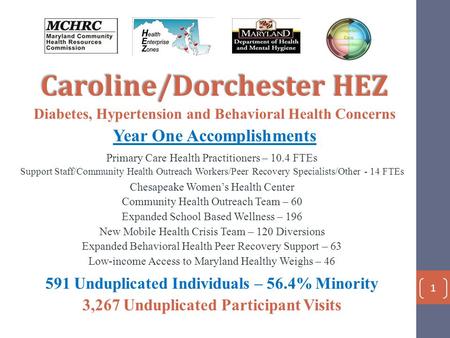 Caroline/Dorchester HEZ Diabetes, Hypertension and Behavioral Health Concerns Year One Accomplishments Primary Care Health Practitioners – 10.4 FTEs Support.