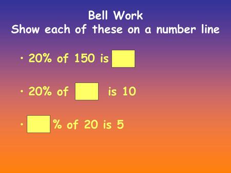 Bell Work Show each of these on a number line 20% of 150 is 30 20% of 50 is 10 25 % of 20 is 5.