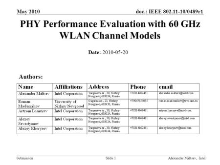 Doc.: IEEE 802.11-10/0489r1 Submission May 2010 Alexander Maltsev, IntelSlide 1 PHY Performance Evaluation with 60 GHz WLAN Channel Models Date: 2010-05-20.