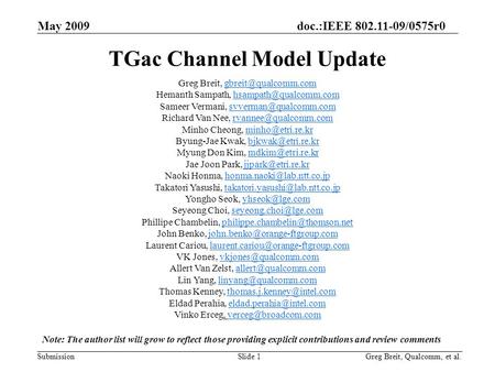 Submission Greg Breit, Qualcomm, et al. TGac Channel Model Update May 2009 doc.:IEEE 802.11-09/0575r0 Slide 1 Greg Breit,