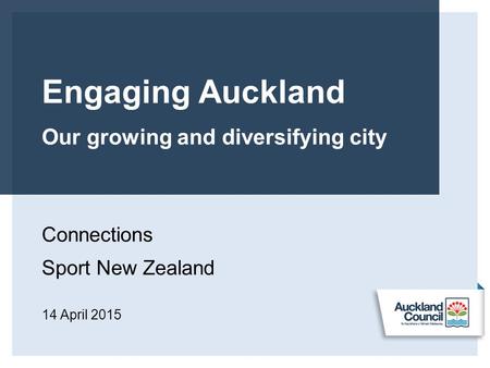 Engaging Auckland Our growing and diversifying city Connections Sport New Zealand 14 April 2015.