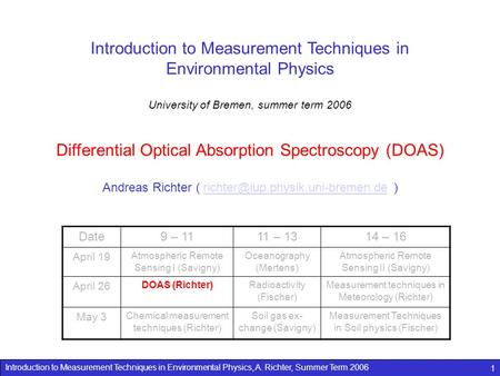 Introduction to Measurement Techniques in Environmental Physics, A. Richter, Summer Term 2006 1 Introduction to Measurement Techniques in Environmental.