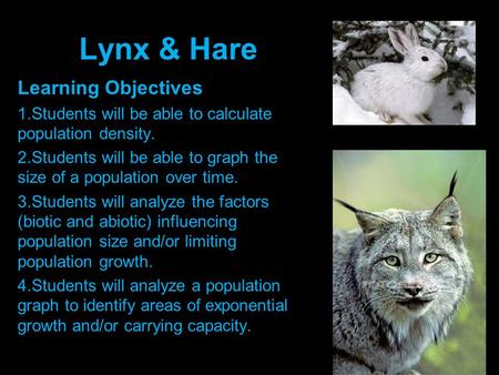 Lynx & Hare Learning Objectives 1.Students will be able to calculate population density. 2.Students will be able to graph the size of a population over.