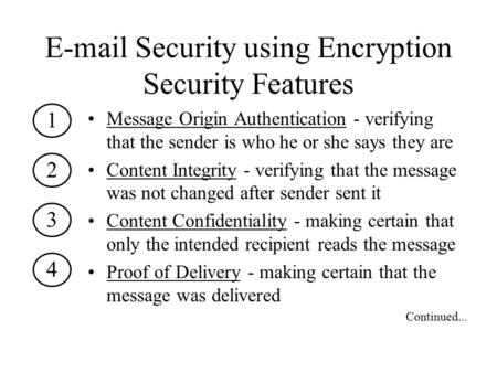 E-mail Security using Encryption Security Features Message Origin Authentication - verifying that the sender is who he or she says they are Content Integrity.