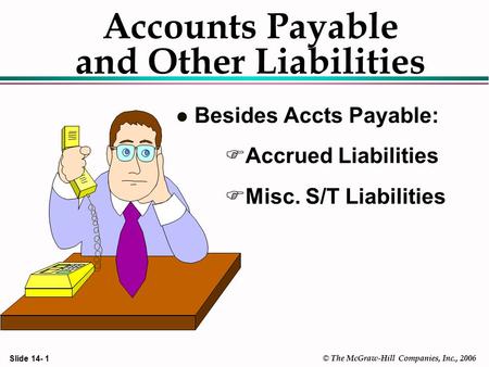 Slide 14- 1 © The McGraw-Hill Companies, Inc., 2006 Accounts Payable and Other Liabilities l Besides Accts Payable: FAccrued Liabilities FMisc. S/T Liabilities.