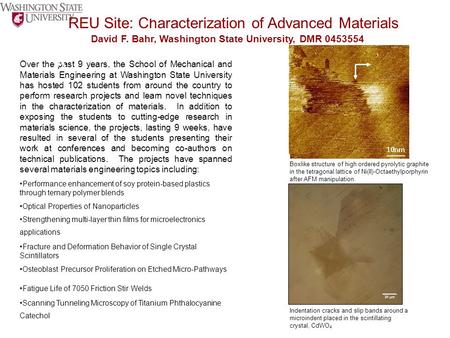 REU Site: Characterization of Advanced Materials David F. Bahr, Washington State University, DMR 0453554 Over the past 9 years, the School of Mechanical.