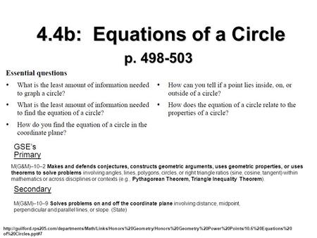4.4b: Equations of a Circle p. 498-503