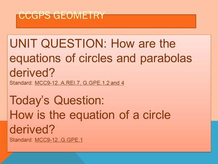 CCGPS GEOMETRY UNIT QUESTION: How are the equations of circles and parabolas derived? Standard: MCC9-12..A.REI.7, G.GPE.1,2 and 4 Today’s Question: How.