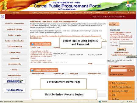 E-Procurement Home Page Bid Submission Process Begins: Bidder logs in using Login ID and Password.