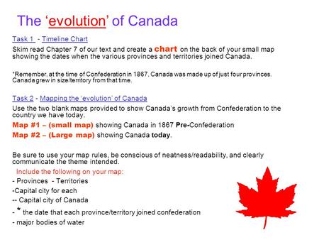 The ‘evolution’ of Canada Task 1 - Timeline Chart Skim read Chapter 7 of our text and create a chart on the back of your small map showing the dates when.