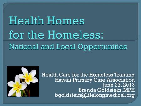 Health Care for the Homeless Training Hawaii Primary Care Association June 27, 2013 Brenda Goldstein, MPH
