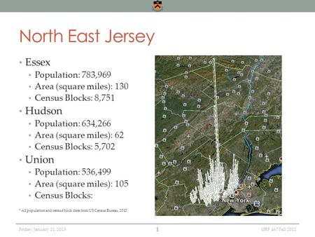 Friday, January 11, 2013 North East Jersey Essex Population: 783,969 Area (square miles): 130 Census Blocks: 8,751 Hudson Population: 634,266 Area (square.